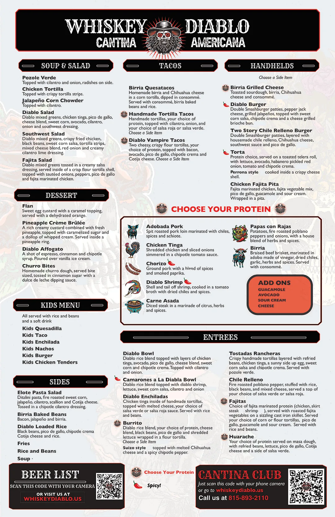 Whiskey Diablo menu — back, showing tacos, handhelds, entrees, and kids menu
