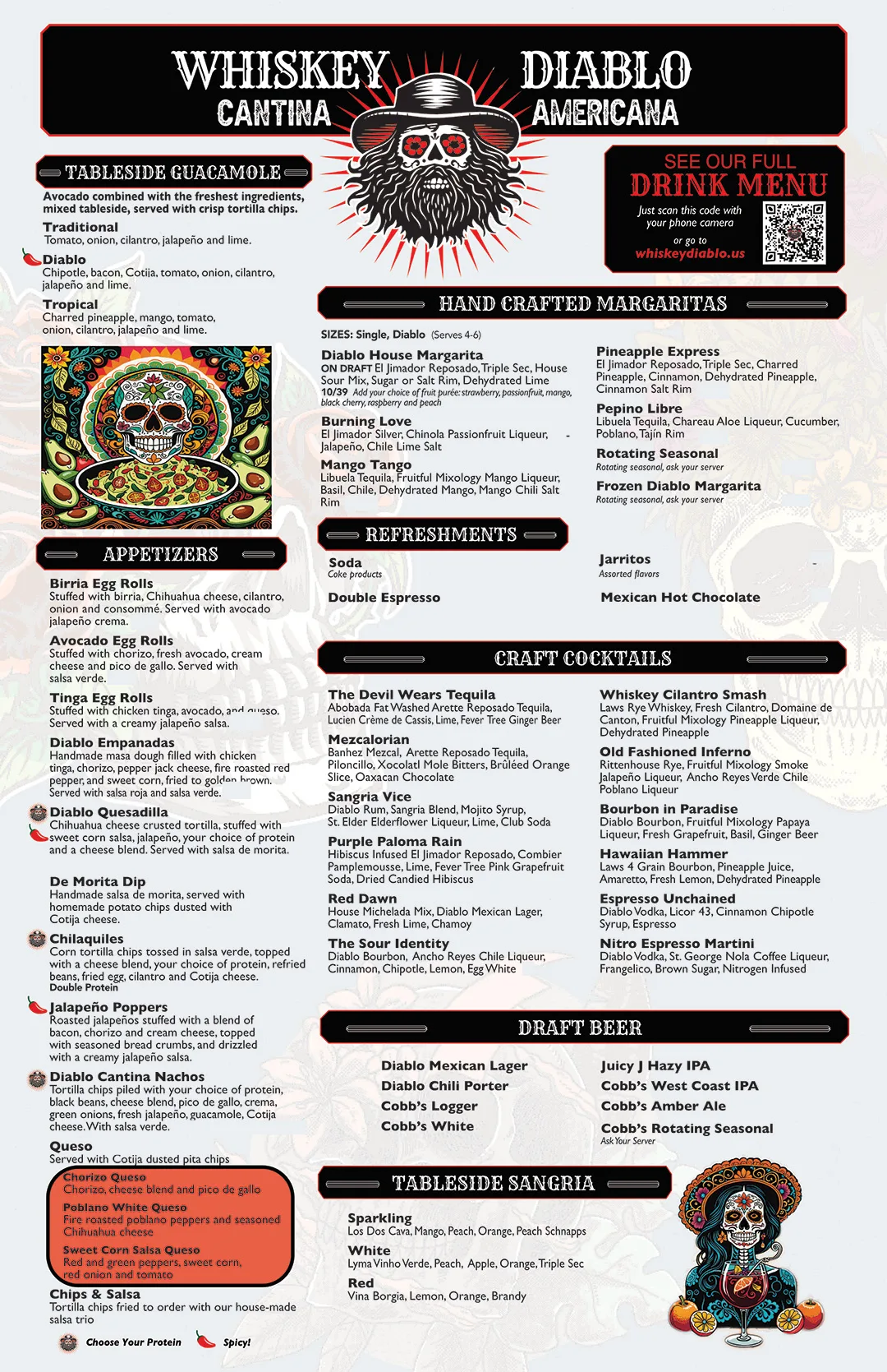 Whiskey Diablo menu — front, showing appetizers, margaritas, craft cocktails, and draft beer